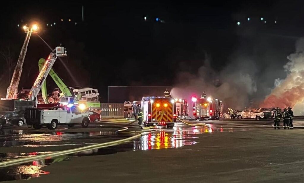 The Bridgewater Fire Department extinguished a large outdoor fire at an auto scrap yard on Friday night, May 19.